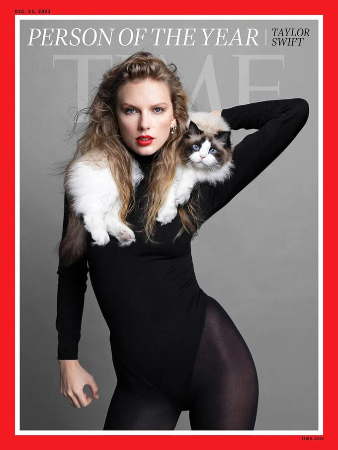 Taylor Swift with her cat Benjamin Button in Time magazine 2023