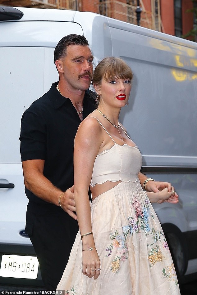 Taylor Swift dazzles in white dress as she and dapper Travis Kelce attend  model Karen Elson's wedding at Electric Lady Studios in NYC | Daily Mail  Online